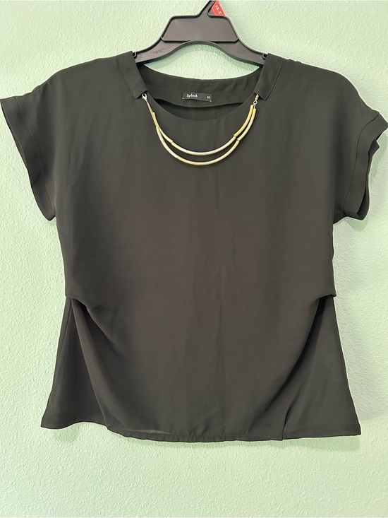 Splash Tops - Splash Black Short-Sleeve Blouse with Gold Necklace Accent